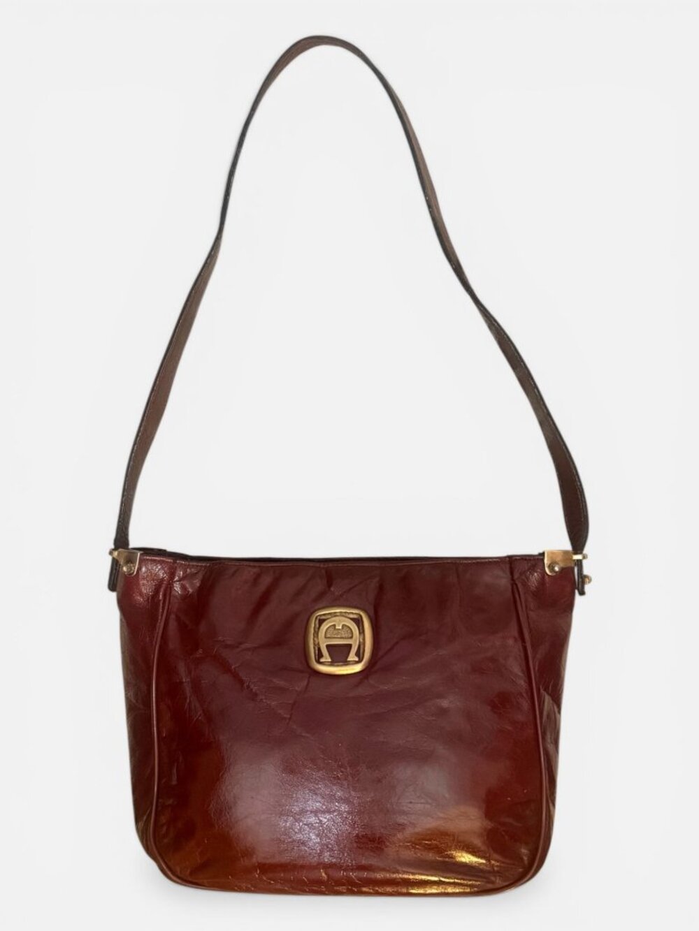 VTG Etienne Aigner Shoulder Bag Oxblood Leather Brass Logo 70s Germany Handmade - Picture 4 of 9